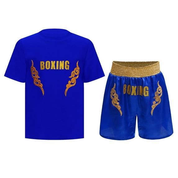 YiZYiF Kids Boys Boxing Outfit T-shirt with Boxer Shorts Fight Training Set Muay Thai MMA BJJ Blue 8