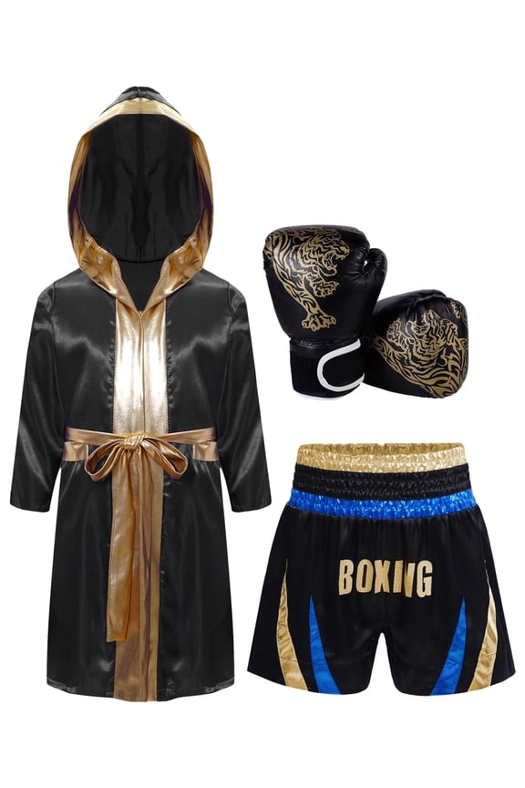 Kids Boys Boxing Outfits Metallic Trim Satin Belted Hooded Cloak Robe and Martial Arts MMA Blue&Gold 6