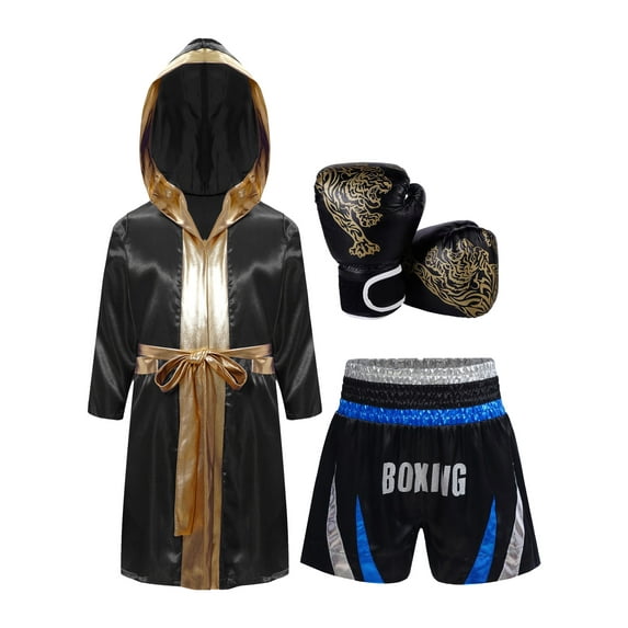 YiZYiF Kids Boys Boxing Outfits Metallic Trim Satin Belted Hooded Cloak Robe and Martial Arts MMA Blue&Silver 14