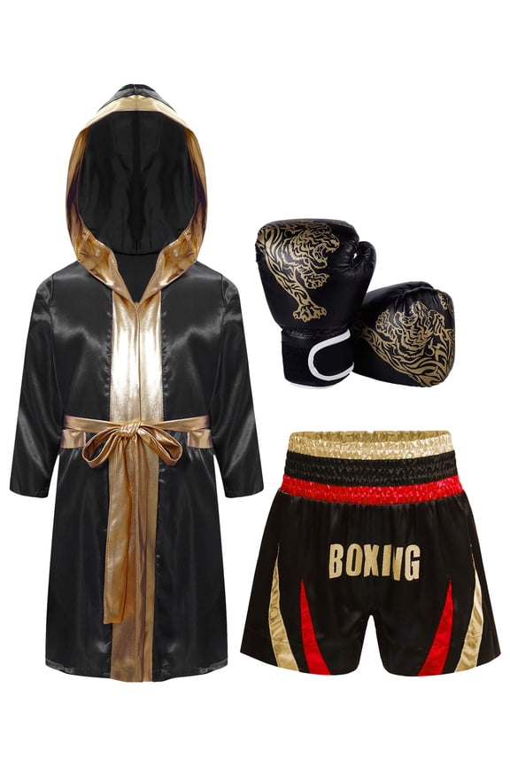 Kids Boys Boxing Outfits Metallic Trim Satin Belted Hooded Cloak Robe and Martial Arts MMA Red&Gold 6
