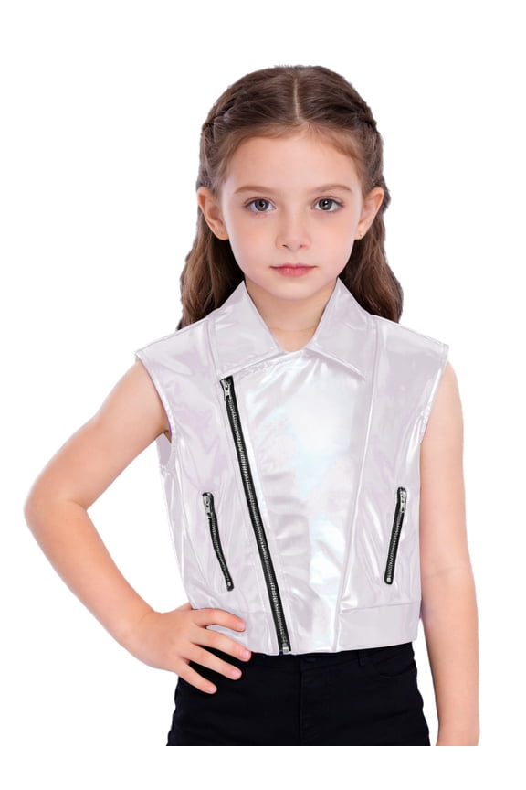 Kids Boys Girls Metallic Shiny Cropped Vest Zipper Disco Shirt Festivals Rave Party Stage Performance Top Ivory 12