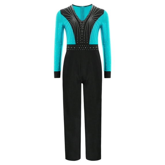 YiZYiF Kids Boys Long Sleeve Rhinestones Latin Dance Jumpsuit Figure Skating Leotard Dancewear Blue Green 6