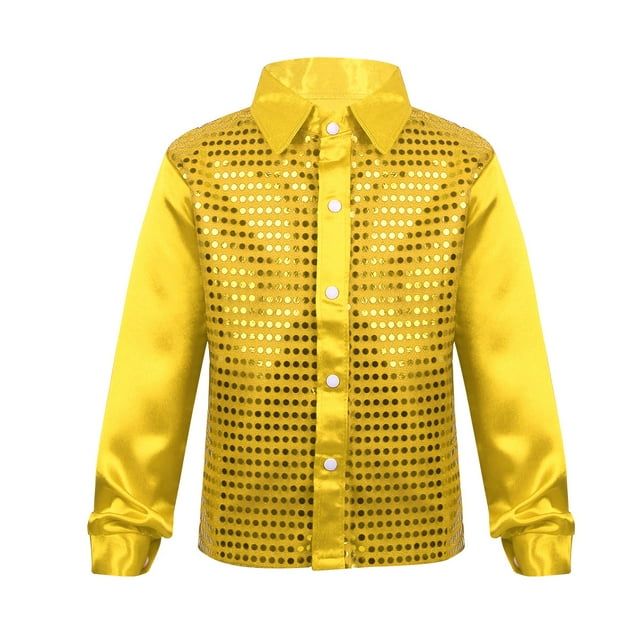 YiZYiF Kids Boys Long Sleeve Tops Shiny Sequined Shirt Jazz Dance Costume