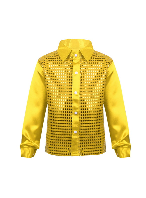 YiZYiF Kids Boys Long Sleeve Tops Shiny Sequined Shirt Jazz Dance Costume