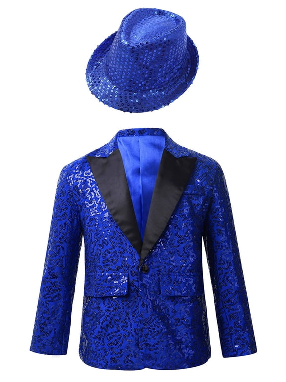 Kids Boys One Button Formal Tuxedo Shiny Sequins Suit Jacket Blazer for Wedding Birthday Party Blue-A 16