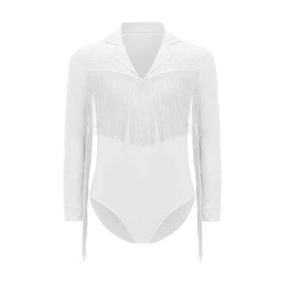 YiZYiF Kids Boys Tassel Latin Dance Outfit Fringe Gymnastics Leotard Rumba Samba One Piece Shiny White 12