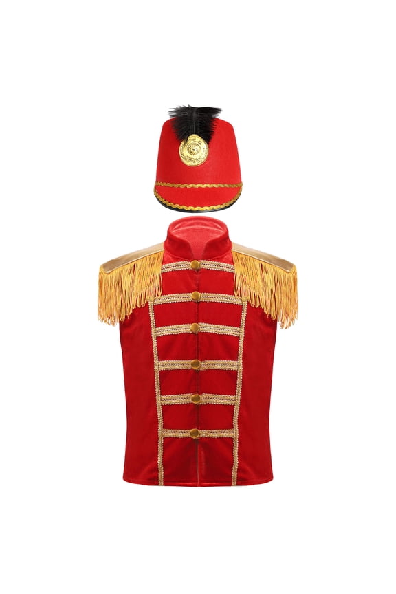 Kids Circus Ringmaster Vest Honor Guard Uniform Drum Band Waistcoat with Band Knight Hat Set Red 4
