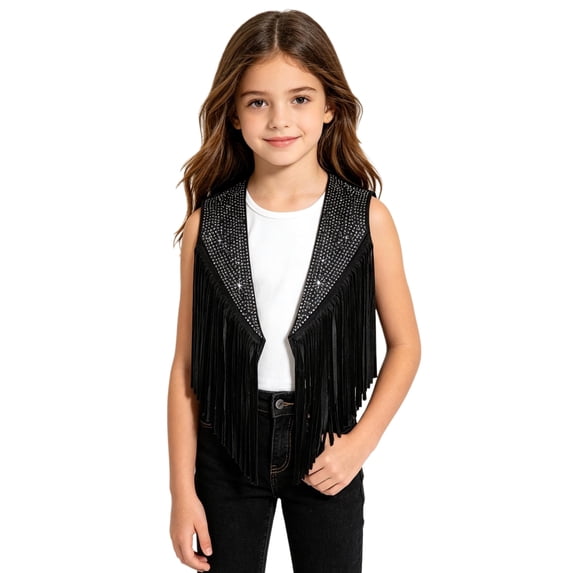 YiZYiF Kids Disco Outfits Boho Tassels Cardigan Sleeveless Western Vest Cowgirl Waistcoat Dress Up Party Tops Black 6
