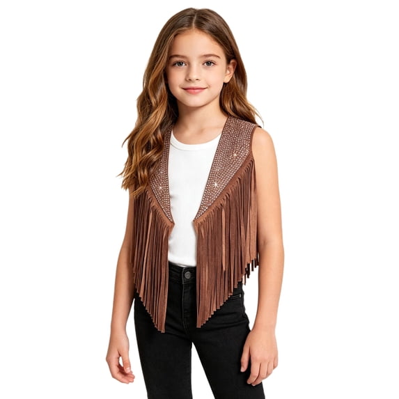 YiZYiF Kids Disco Outfits Boho Tassels Cardigan Sleeveless Western Vest Cowgirl Waistcoat Dress Up Party Tops Brown 10