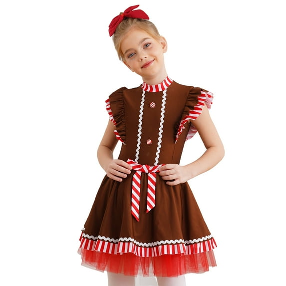 YiZYiF Kids Gingerbread Dress for Girls Christmas Cookie Cosplay Gingerbread Man Dance Costume Tutu Dress Brown 16