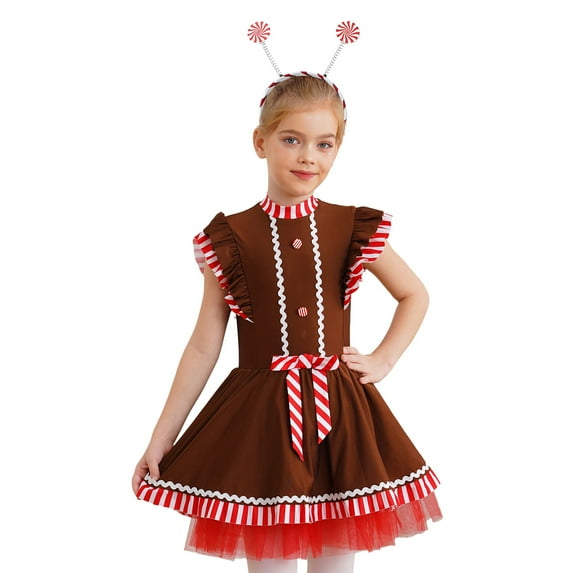 YiZYiF Kids Gingerbread Dress for Girls Christmas Cookie Cosplay Gingerbread Man Dance Costume Tutu Dress Brown-A 12