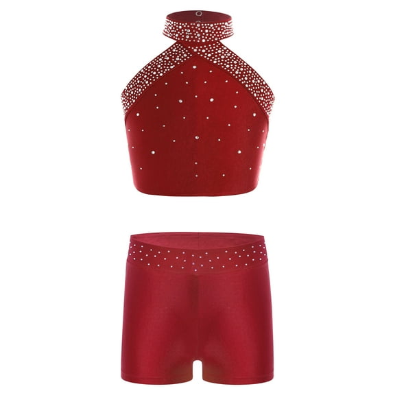 YiZYiF Kids Girls 2-Piece Gymnastics Dance Outfits Shiny Halter Crop Top with Shorts Athletic Set Burgundy 14