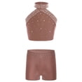 thumbnail image 1 of YiZYiF Kids Girls 2-Piece Gymnastics Dance Outfits Shiny Halter Crop Top with Shorts Athletic Set Dusty Pink 10, 1 of 7
