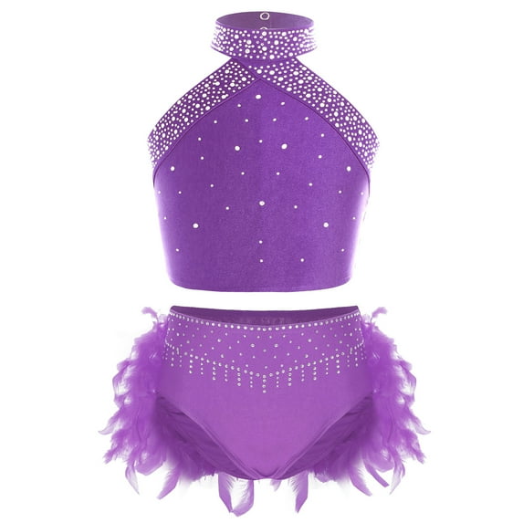 YiZYiF Kids Girls 2 Piece Lyrical Ballet Dance Outfit Sleeveless Shiny Rhinestones Crop Top and Purple 16