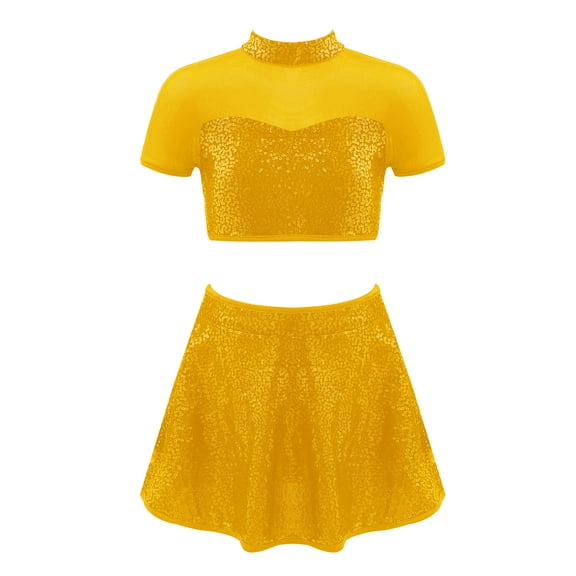 YiZYiF Kids Girls 2 Piece Sequins Dance Crop Top with Skater Skirt Set for Ballet Lyrical Dancewear Gold 4