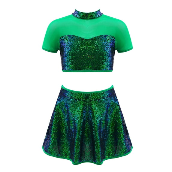 YiZYiF Kids Girls 2 Piece Sequins Dance Crop Top with Skater Skirt Set for Ballet Lyrical Dancewear Green 6
