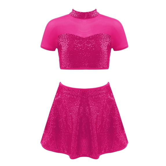 YiZYiF Kids Girls 2 Piece Sequins Dance Crop Top with Skater Skirt Set for Ballet Lyrical Dancewear Hot Pink 12