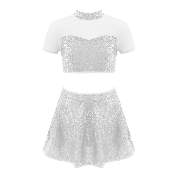 YiZYiF Kids Girls 2 Piece Sequins Dance Crop Top with Skater Skirt Set for Ballet Lyrical Dancewear Silver 12
