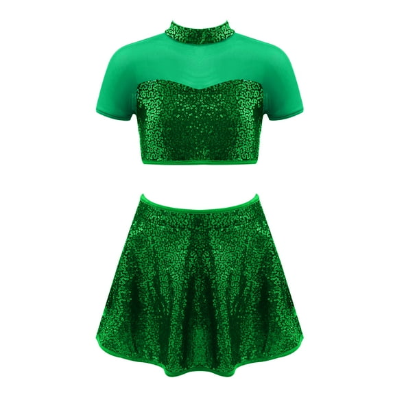 YiZYiF Kids Girls 2 Piece Sequins Dance Crop Top with Skater Skirt Set for Ballet Lyrical Dancewear Turquoise 6