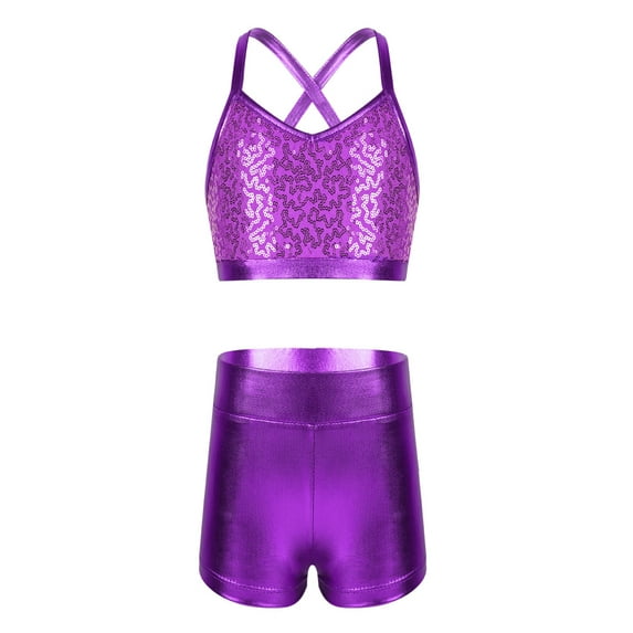 YiZYiF Kids Girls 2PCS Ballet Dance Tankini Outfit Sequins Crop Top with Metallic Bottoms for Gym Fitness