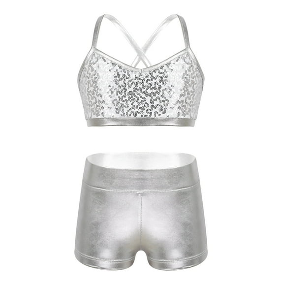 YiZYiF Kids Girls 2PCS Ballet Dance Tankini Outfit Sequins Crop Top with Metallic Bottoms for Gym Fitness