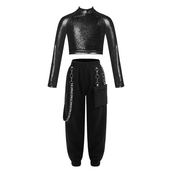 YiZYiF Kids Girls 2Pcs Hip Hop Jazz Dance Outfit Shiny Crop Top with Chain Pocket Sweatpants Athletic Gym Suit Black 14