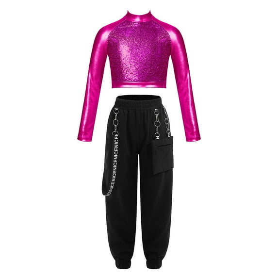 YiZYiF Kids Girls 2Pcs Hip Hop Jazz Dance Outfit Shiny Crop Top with Chain Pocket Sweatpants Athletic Gym Suit Hot Pink 8