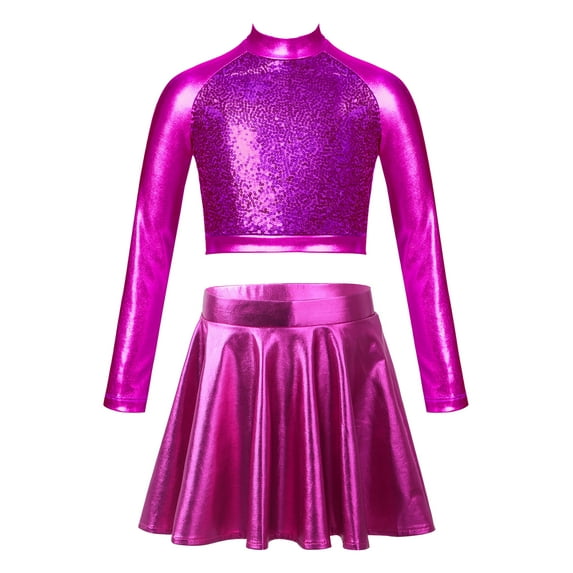 YiZYiF Kids Girls 2Pcs Shiny Latin Jazz Dance Set Metallic Sequins Crop Top with Skirt Cheer Leader Dance Outfit Hot Pink 6
