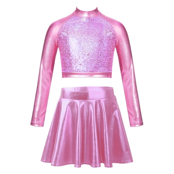 YiZYiF Kids Girls 2Pcs Shiny Latin Jazz Dance Set Metallic Sequins Crop Top with Skirt Cheer Leader Dance Outfit Pink 6