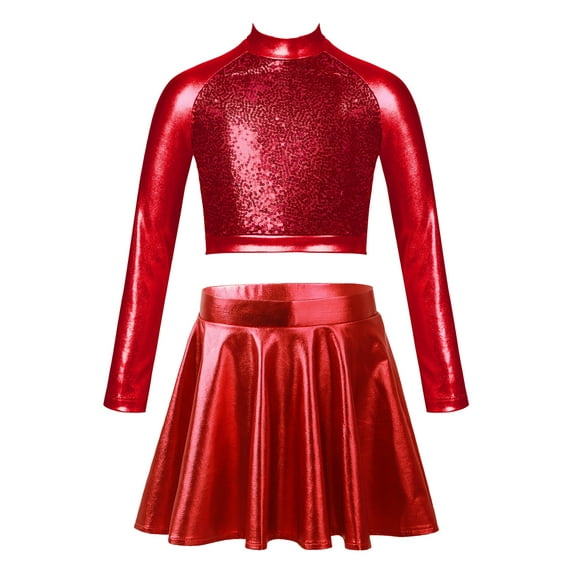 YiZYiF Kids Girls 2Pcs Shiny Latin Jazz Dance Set Metallic Sequins Crop Top with Skirt Cheer Leader Dance Outfit Red 12