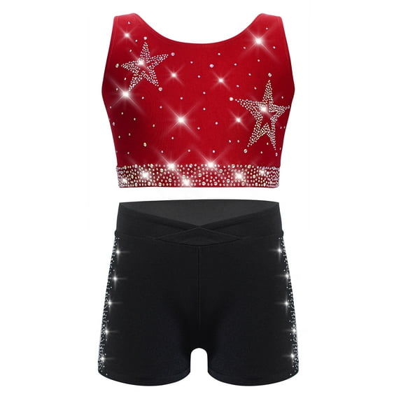 YiZYiF Kids Girls 2Pcs Shiny Rhinestones Crop Top and Shorts Tracksuit Set for Yoga Gymnastics Dance Burgundy Black 12