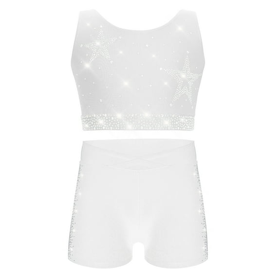 YiZYiF Kids Girls 2Pcs Shiny Rhinestones Crop Top and Shorts Tracksuit Set for Yoga Gymnastics Dance White 8