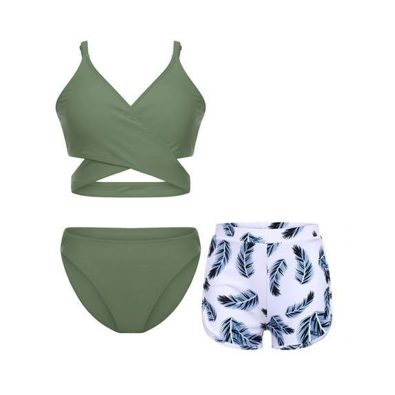 YiZYiF Kids Girls 3 Piece Athletic Tankini Swimsuit Bikini Bra Top with Briefs and Shorts Swim Set Army Green 10-11Y