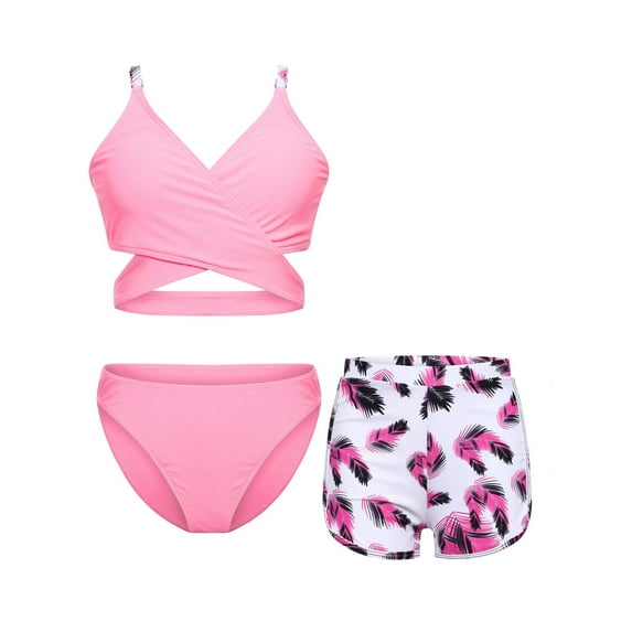 YiZYiF Kids Girls 3 Piece Athletic Tankini Swimsuit Bikini Bra Top with Briefs and Shorts Swim Set Pink 8-9Y