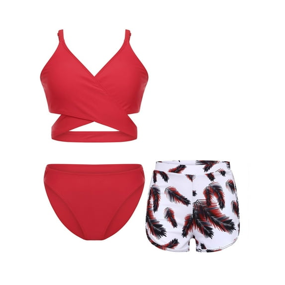 YiZYiF Kids Girls 3 Piece Athletic Tankini Swimsuit Bikini Bra Top with Briefs and Shorts Swim Set Red 14Y