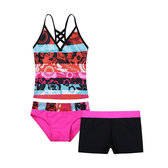 YiZYiF Kids Girls 3-pc Tankini Swimsuit Floral Printed Tops with Bottoms Shorts Bathing Suit