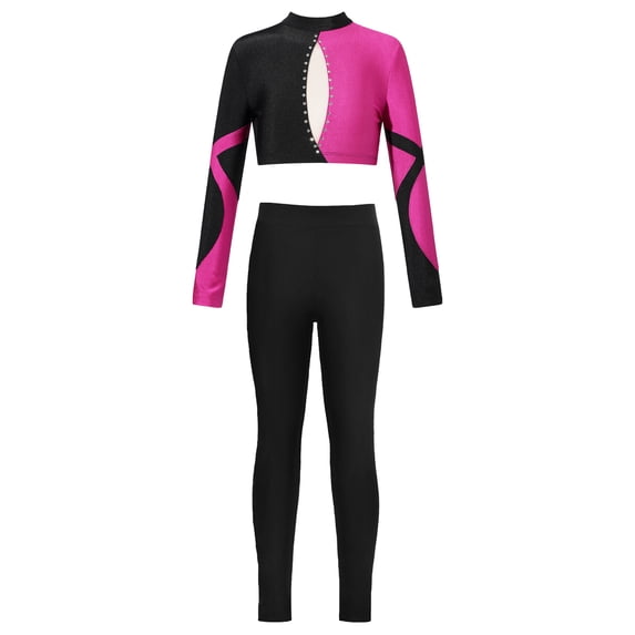 YiZYiF Kids Girls Athletic Set 2Pcs Sports Gym Suit Outfit Cutout Back Crop Top with Leggings Jogger Set Rose&Black 8