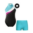 thumbnail image 1 of YiZYiF Kids Girls Ballet Gymnastics Dance Suit Sleeveless Shiny Rhinestone Leotard with Shorts and Hair Band Lake Blue 12, 1 of 5