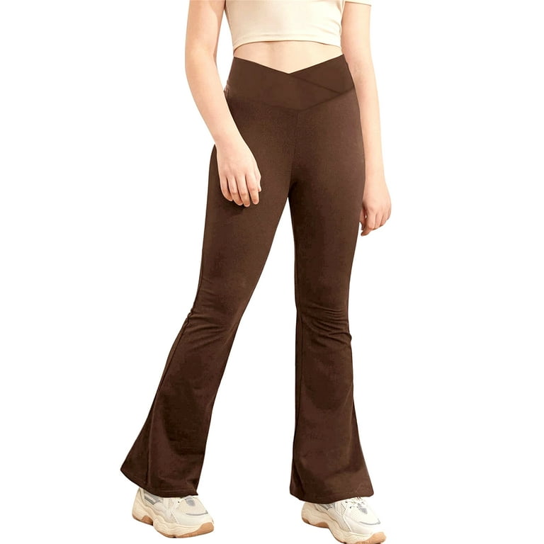 YiZYiF Kids Girls Bootcut Yoga Pants Solid Color Flare Leggings Stretchy  Wide Leg Dance Pants Brown 9-10
