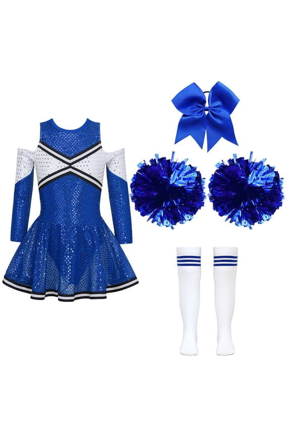 Kids Girls Cheer Leader Dance Outfit High Schoolgirls 5Pcs Dance Dress Outfit Carnival Festival Cosplay Party Costume A Blue 6