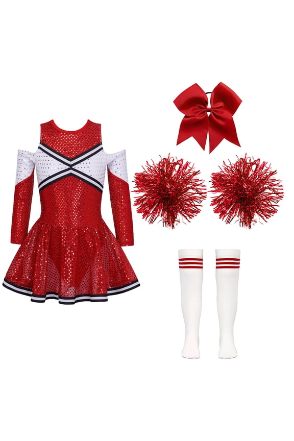 Kids Girls Cheer Leader Dance Outfit High Schoolgirls 5Pcs Dance Dress Outfit Carnival Festival Cosplay Party Costume B Red 8