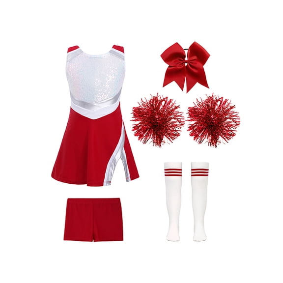 YiZYiF Kids Girls Cheer Leader Dance Outfit Shiny Sequins Dress with Shorts Headwear Pompoms Socks Halloween Fancy Dress Up B Red 4