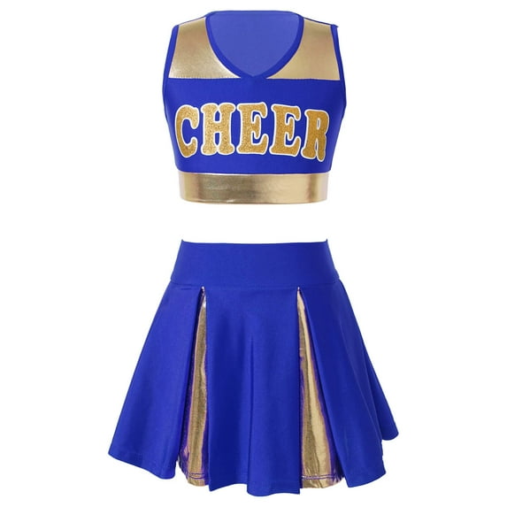 YiZYiF Kids Girls Cheer Leading Dance Outfit V Neck Crop Tank Top with Pleated Skirt Uniform Costume Blue 12