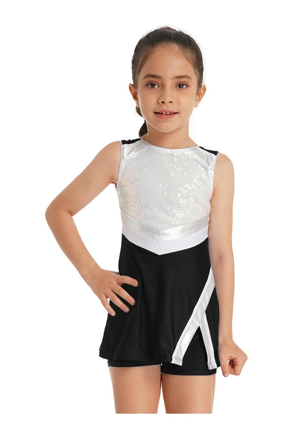 Kids Girls Cheerleading Outfit Cheer Uniform Sequins Sports Dress with Shorts Halloween Costume