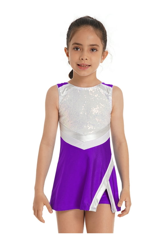 Kids Girls Cheerleading Outfit Cheer Uniform Sequins Sports Dress with Shorts Halloween Costume