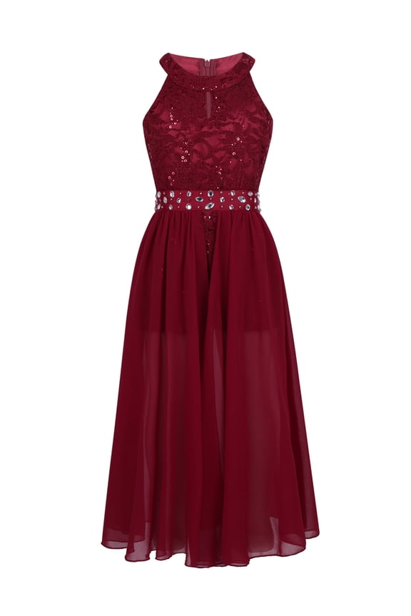 Kids Girls Chiffon Floral Lace Party Dress Rhinestone Maxi Romper Birthday Pageant Dress