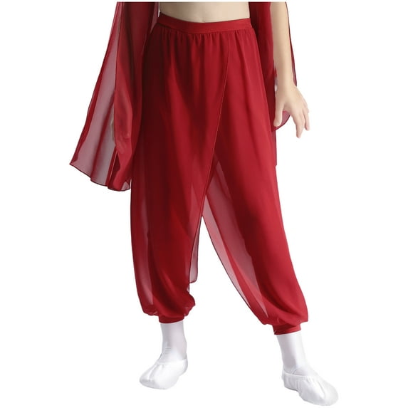 YiZYiF Kids Girls Chiffon Flowy Modern Dance Pants Belly Dancewear Arabic Princess Wide Leg Trousers Burgundy 10