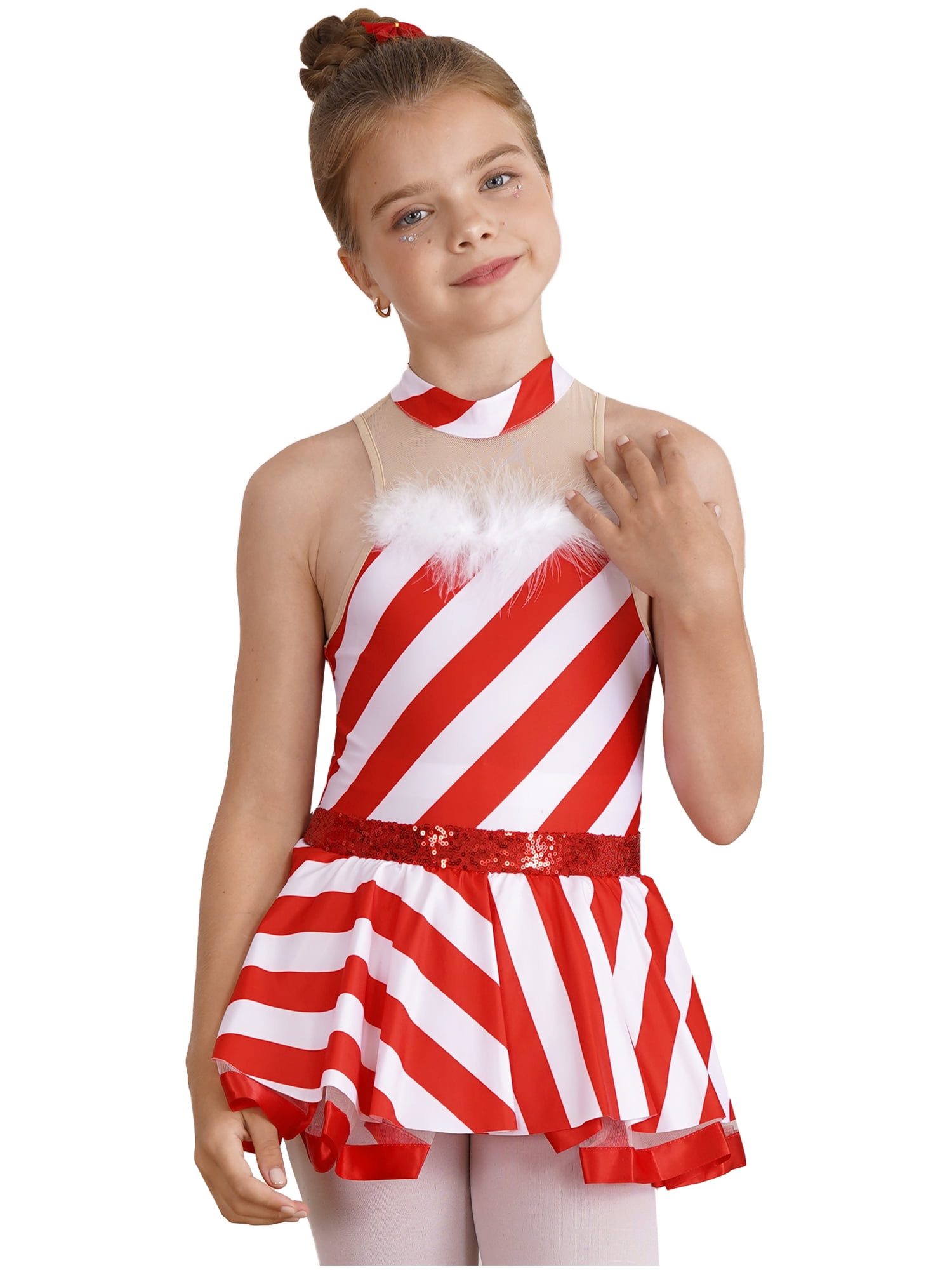 YiZYiF Kids Girls Christmas Candy Cane Costume Sequins Striped Tutu ...