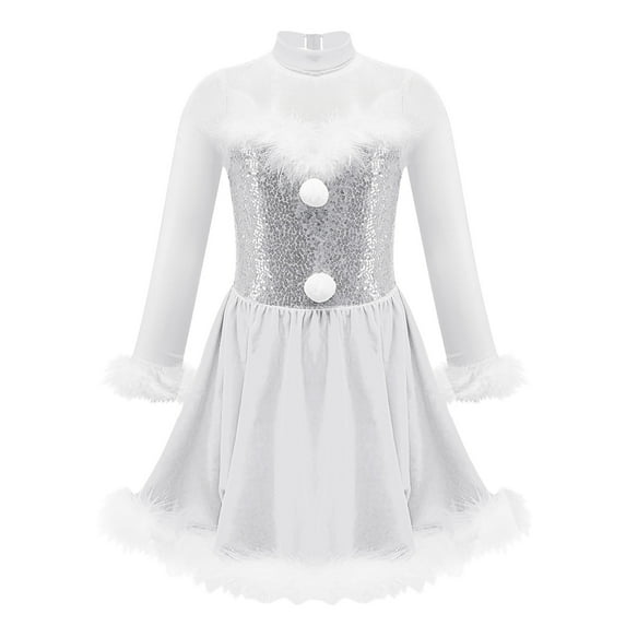YiZYiF Kids Girls Christmas Dance Dress Velvet Santa Holiday Festival Xmas Figure Ice Skating Dress White-A 16