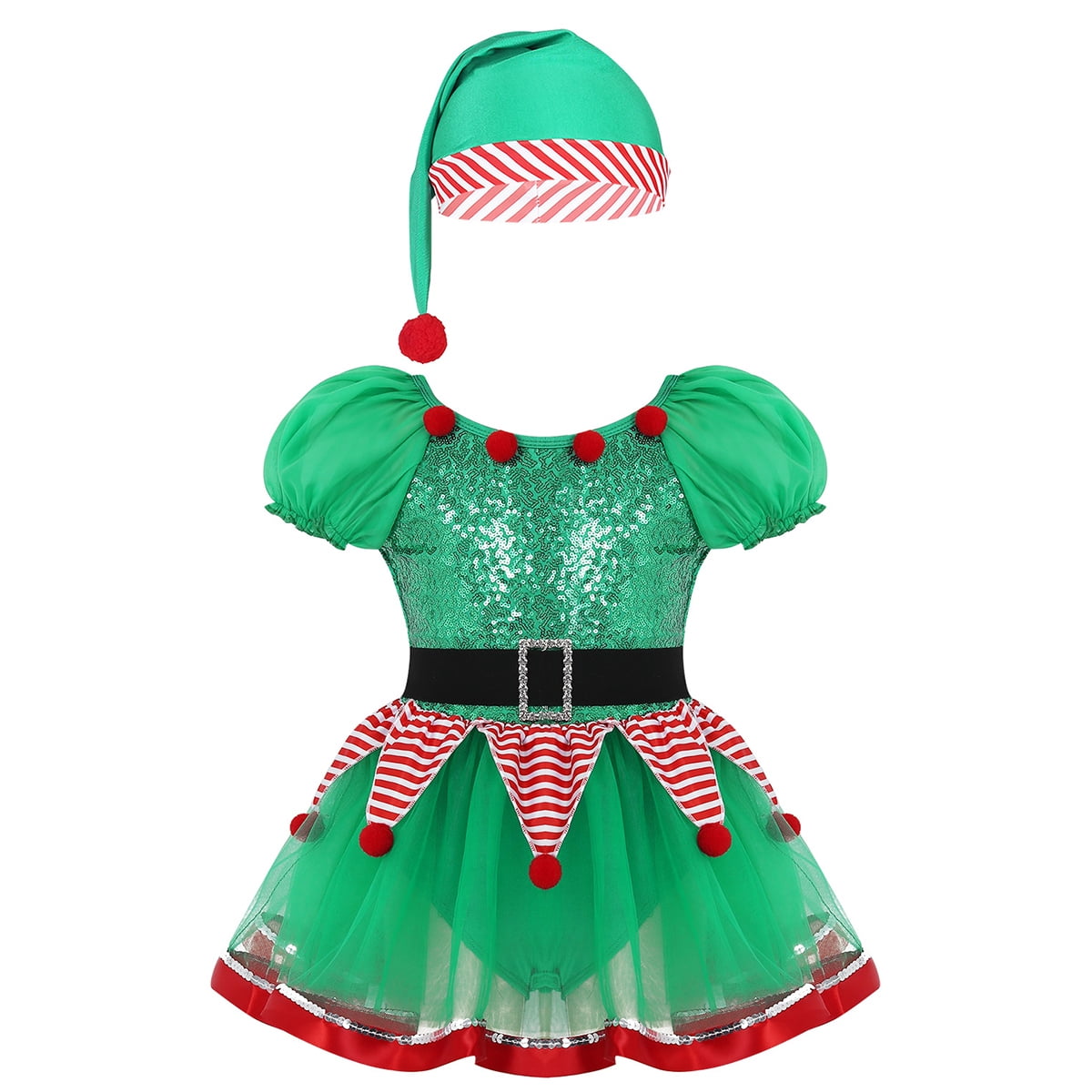 YiZYiF Kids Girls Christmas Elf Costume Figure Ice Skating Ballet Dance Tutu Dress with Hat Dancewear Green 12